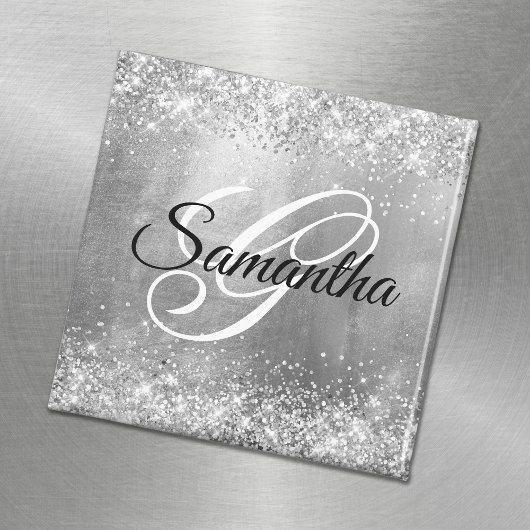 Glänzendes Silberfolien-Fancy-Monogramm Magnet