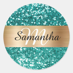 Glänzendes Türkis Glitter Gold Schimmer Monogramm Runder Aufkleber