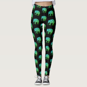 Glänzendes Türkisgrün Ombre-Elefantenmuster Schwar Leggings