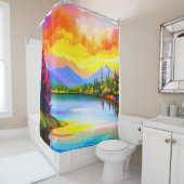 Glanzfarbener zeichn von Sonnenuntergang über dem Duschvorhang (Beispiel)