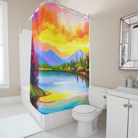 Glanzfarbener zeichn von Sonnenuntergang über dem Duschvorhang (Beispiel)