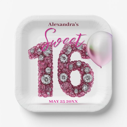 Glanzglanz Chic Pink & White Gemstone Sweet 16 Pappteller (Vorderseite)