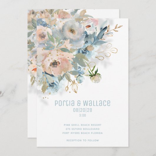 Glanzpfirsichblüte & dufty Blauer Moderne Hochzeit Ankündigung (Vorne/Hinten)