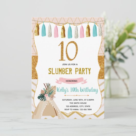 Glaping Girl Slumber 10. Party Einladung (Stehend Vorderseite)