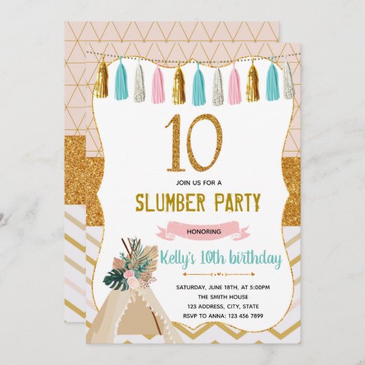 Glaping Girl Slumber 10. Party Einladung (Vorne/Hinten)