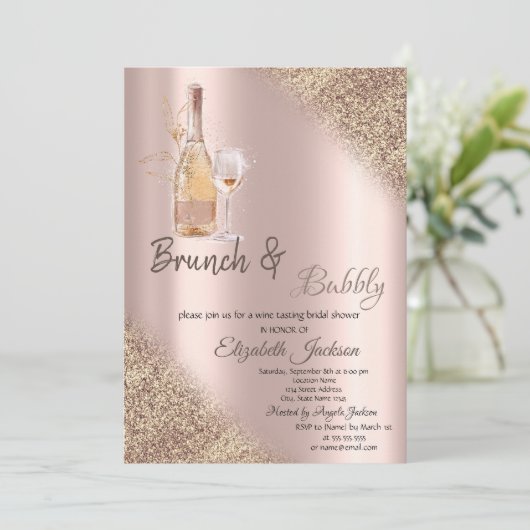 Glas, Flasche Glitzer Bokeh Brunch & Bubbly Einladung (Stehend Vorderseite)