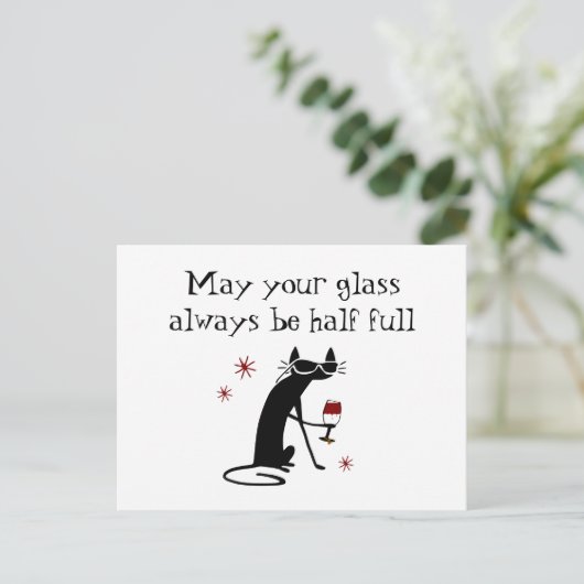 Glas Halb Wein Toast mit Katze Postkarte (Stehend Vorderseite)