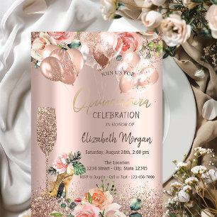 Glas, hohe Fersen, Rose, Balloons Quinceañera Einladung