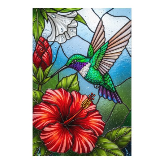 Glas-Patchwork-Kolibri-Garten-Blumenmosaik Fotodruck (Vorne)