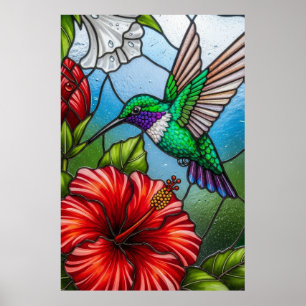 Glas-Patchwork-Kolibri-Garten-Blumenmosaik Poster