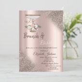 Glas, Rose Gold Glitzer Bokeh Brunch & Bubbly Einladung (Stehend Vorderseite)
