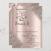 Glas, Rose Gold Glitzer Bokeh Brunch & Bubbly Einladung (Vorne/Hinten)