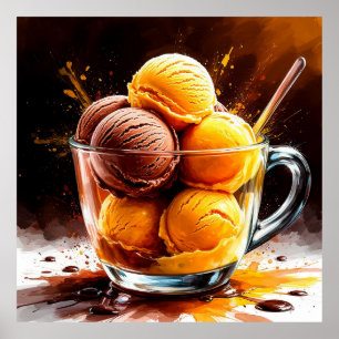 Glas-Schale mit Schokoladen- und Mango-Eiscreme Poster
