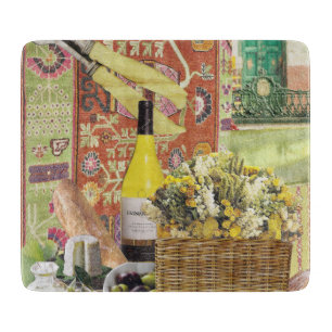 Glas-Schneidebrett mit Wein und Oliven Schneidebrett