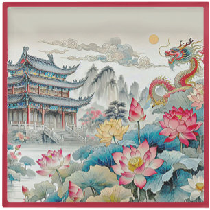 GLAS-UNTERSETZER - Ein Drache, eine Pagode und ein Glasuntersetzer