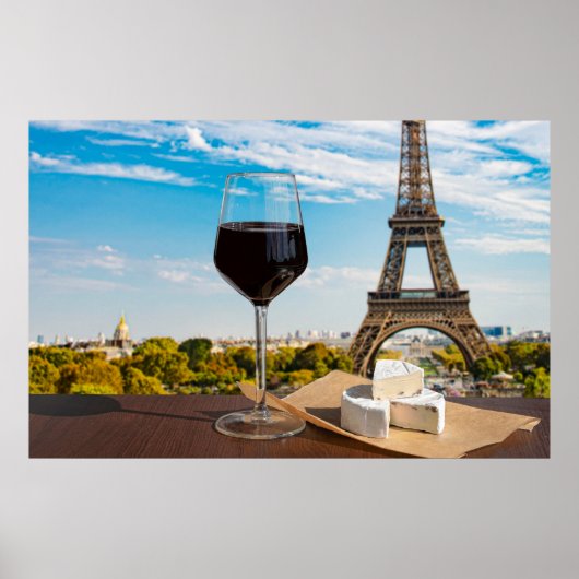 Glas Wein mit Brikenkäse auf dem Eiffelturm Poster (Vorne)