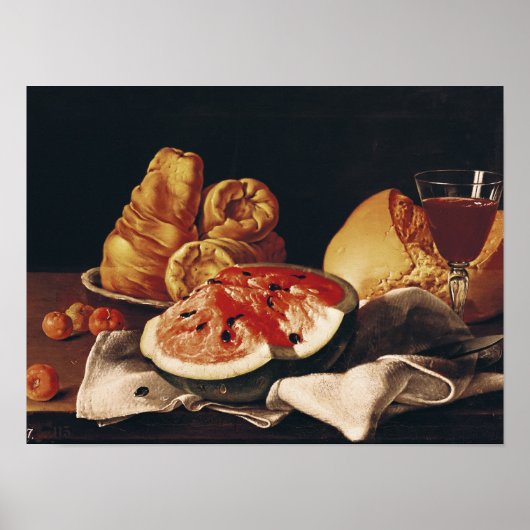 Glas Wein, Wassermelone und Brot Poster (Vorne)