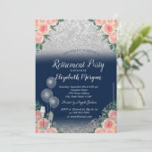 Glasballons Glitzer Floral Navy Blue Retirement Einladung (Stehend Vorderseite)