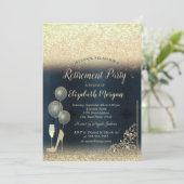 Glasballons Gold Glitzer Blue Rentirement Einladung (Stehend Vorderseite)