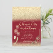 Glasballons Gold Glitzer Red Retirement Einladung (Stehend Vorderseite)