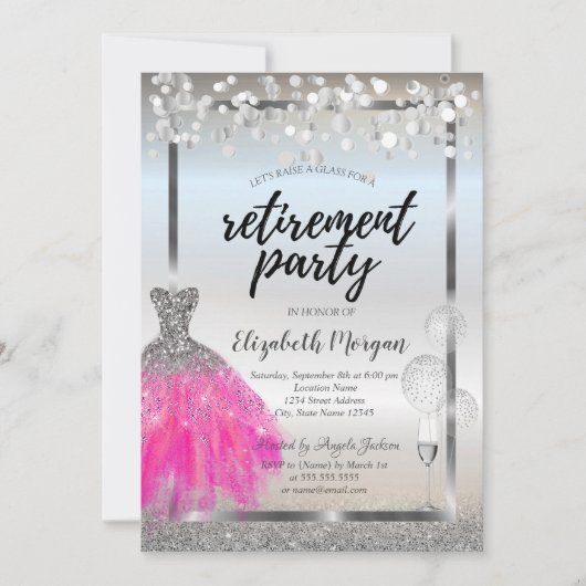 Glasballons kleiden Silver Glitzer Rente Einladung (Vorderseite)