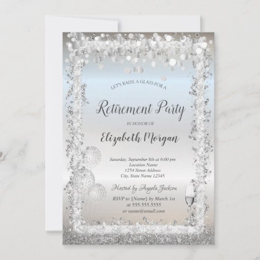 Glasballons Silver Glitzer Frame Retirement Einladung (Vorderseite)
