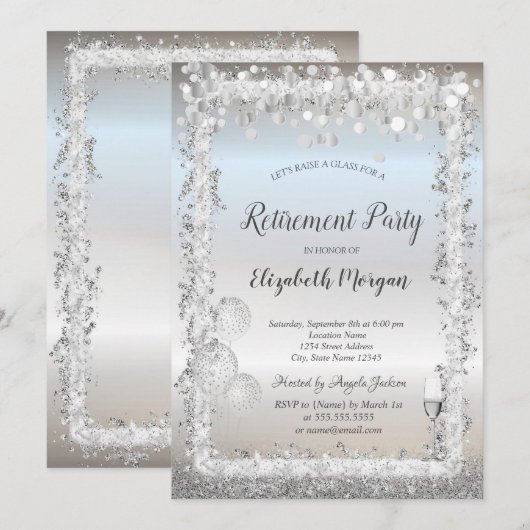 Glasballons Silver Glitzer Frame Retirement Einladung (Vorne/Hinten)