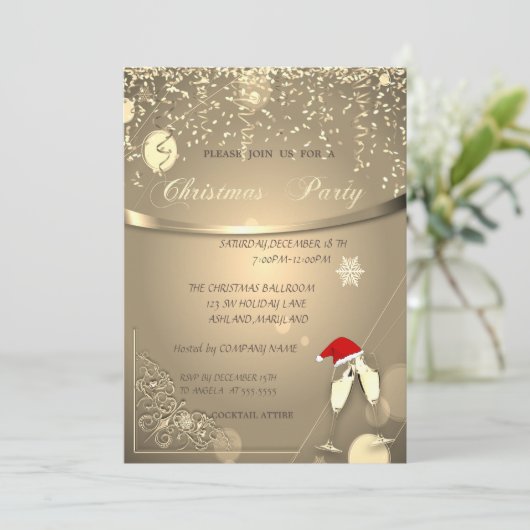 Gläser, Weihnachtsmannmütze, Confetti CompanyWeihn Einladung (Stehend Vorderseite)