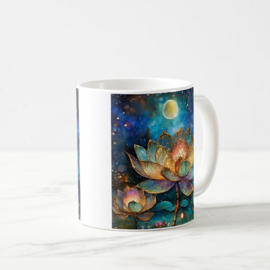 Gläserne Lotus-Blüten im Mondschein Kaffeetasse (VorderseiteRechts)