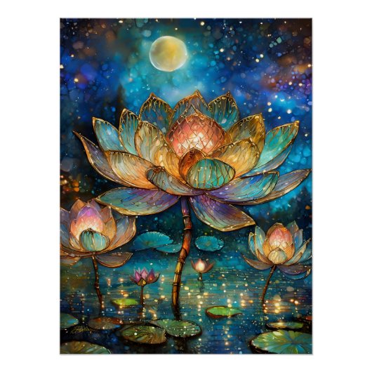 Gläserne Lotus-Blüten im Mondschein Poster (Vorderseite)