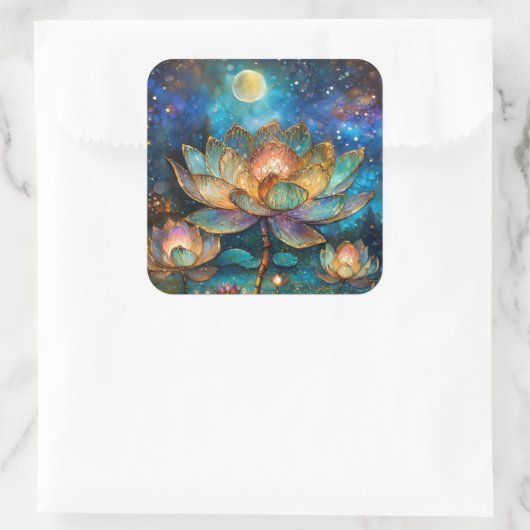 Gläserne Lotus-Blüten im Mondschein Quadratischer Aufkleber (Tasche)