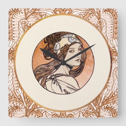 Glasfenster von Alphonse Mucha Quadratische Wanduhr (Vorderseite)