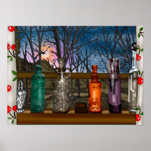 Glasflaschen im Fenster mit Raindrops Poster