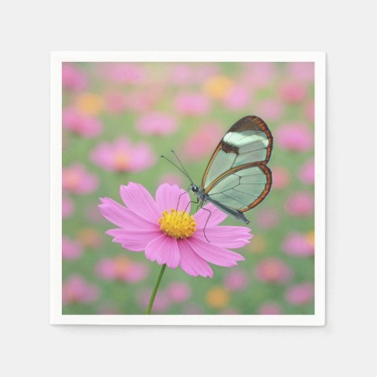 Glasflügelschmetterling auf einer Kosmee Serviette (Vorderseite)