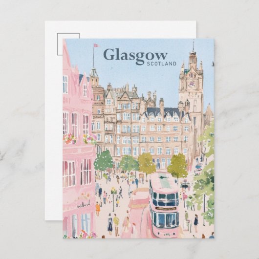Glasgow Scotland Gouache Paint Illustration Travel Postkarte (Vorne/Hinten)