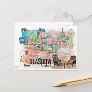 Glasgow Scotland Illustrierte Reisekarte mit Straß Postkarte