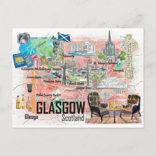 Glasgow Scotland Illustrierte Reisekarte mit Straß Postkarte (Vorderseite)