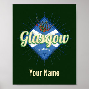 Glasgow UK City Scotland Retro Bagpipe Vintag Poster