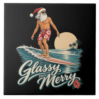 Glasige und fröhliche Surf-Santa-Weihnachten Fliese