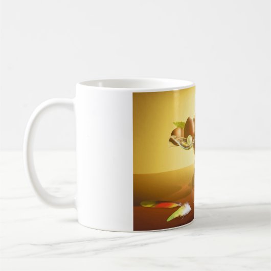 Glaskorb mit Früchten und Batterie Kaffeetasse (Links)
