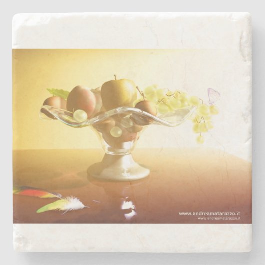 Glaskorb mit Früchten und Batterie Steinuntersetzer (Vorderseite)