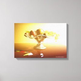 Glaskorb mit Früchten und Leinwand