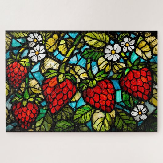 Glasmalerei Erdbeeren, Blätter und Blumen Puzzle (Horizontal)