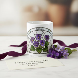 Glasmalerei-Geburtsblume Februar Veilchen Name Kaffeetasse