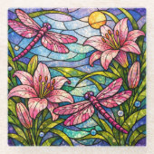 Glasmalerei-Lilien und Libellen Rosa Glasuntersetzer (Vorderseite)