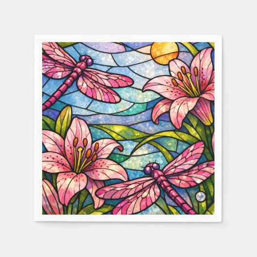 Glasmalerei-Lilien und Libellen Rosa Serviette (Vorderseite)