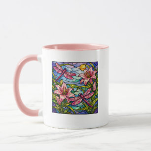 Glasmalerei-Lilien und Libellen Rosa Tasse