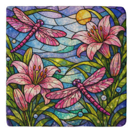 Glasmalerei-Lilien und Libellen Rosa Töpfeuntersetzer