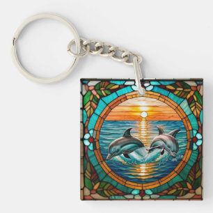 Glasmalerei mit Delfinen, die bei Sonnenuntergang Schlüsselanhänger