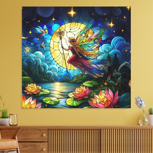 Glasmalerei Mondlicht Flug Fee Leinwanddruck (Insitu (Wohnzimmer))